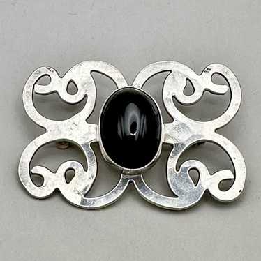 Hammered Scroll Brooch Sterling Silver Black Onyx 