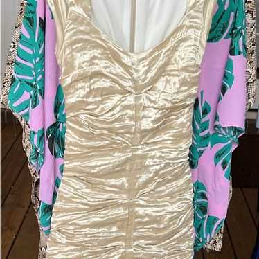 Ruched Cream Dress With Tropical Kimono