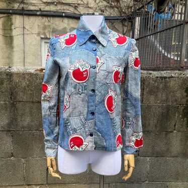 1970s Vintage Denim Shirt: Apple Graphic Patchwor… - image 1