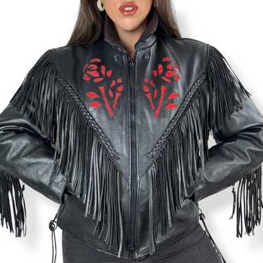 ジャケット・アウター 90s vintage rose fringe leather jacket Vintage Rose Fringe Leather Jacket Black and Purple Medium