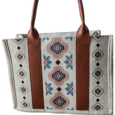 Boho Square Patterned Canvas Tote Bag With Brown … - image 1