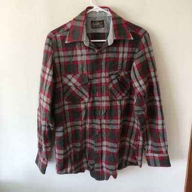 VINTAGE Sears Perma Prest Flannel Shirt Mens large tan Plaid