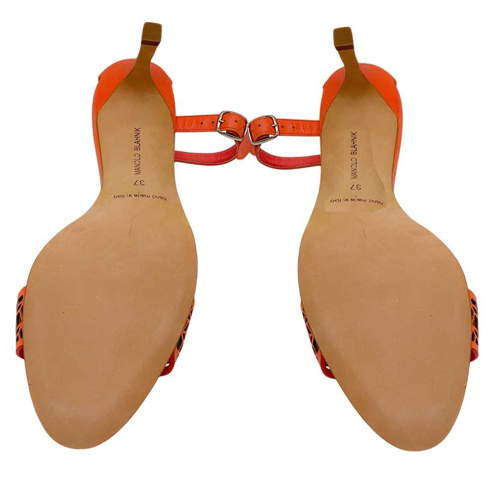 Manolo Blahnik Coral Pink Lasercut Leather Ankle Strap Sandals
