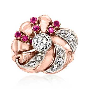 Vint Diamond & Synth Ruby Swirl Rng in 14k Rose G… - image 1