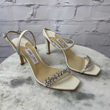 豪華クリスタル★Jimmy Choo MEIRA 85 アンクルストラップ GOLD Jimmy Choo Meira 85 Gold Leather Sandals with Crystal