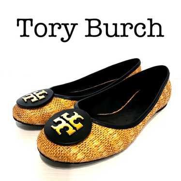 Tory Burch Reva Navy & Raffia Straw Woven Flats Si