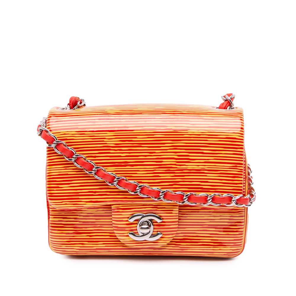 Orange Chanel Mini Square Classic Patent Striped Single Flap Crossbody Bag