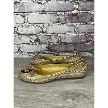 Tory Burch Straw Reva Gold Leather Logo Ballet Fla