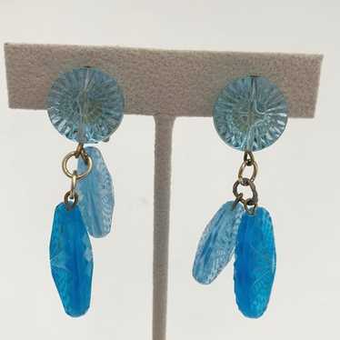 West German Dangle Clip On Blue Faceted Disc Earri