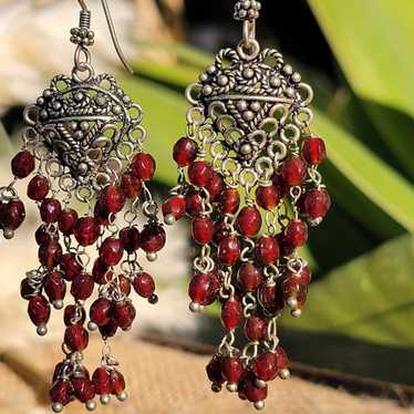 Vintage Boho Chandelier Earrings Red Beaded Dangle