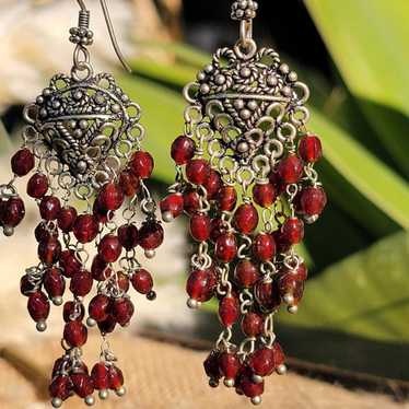 Vintage Boho Chandelier Earrings Red Beaded Dangle