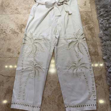 White Embroidered Palm Tree Pants