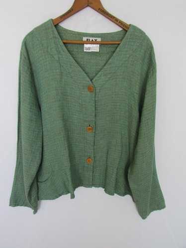 FLAX WOMANS L green linen button v-neck pleats poc