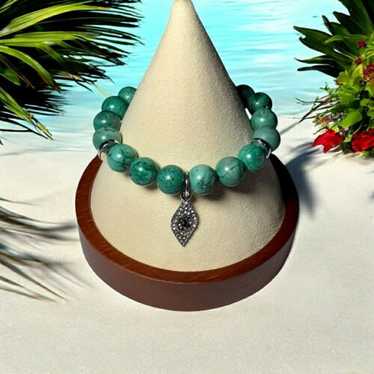 Green Gemstone Beads Stretch Bracelet with Rhinest