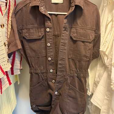 Brown Short Sleeve Button-Up Jumpsuit