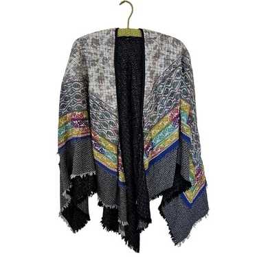 Bohemian Womens Poncho Multicolor Fringe Trim Open