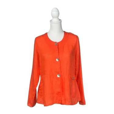 Flax Coral Orange Linen Long Sleeve Button Down Pe
