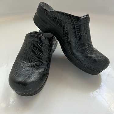 DANSKO Mules Clogs Black Tooled Leather Open Heel 