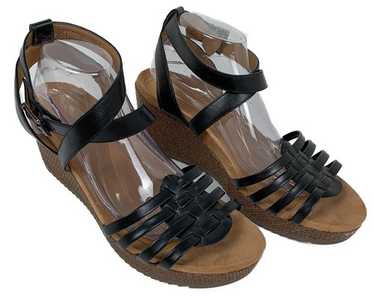 Vionic Clarisa Raffia Wedge Sandals Black Leather 
