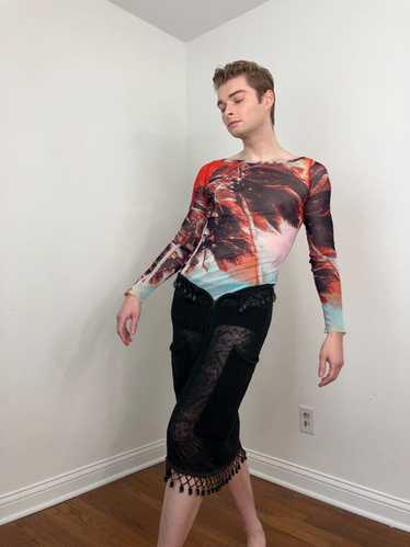 90s Jean Paul Gaultier Palm tree print mesh top