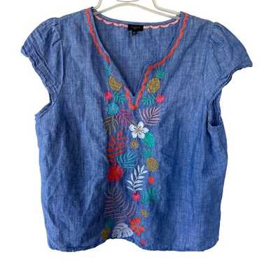 Talbots XL/P Chambray Pineapple Floral boho blouse - image 1