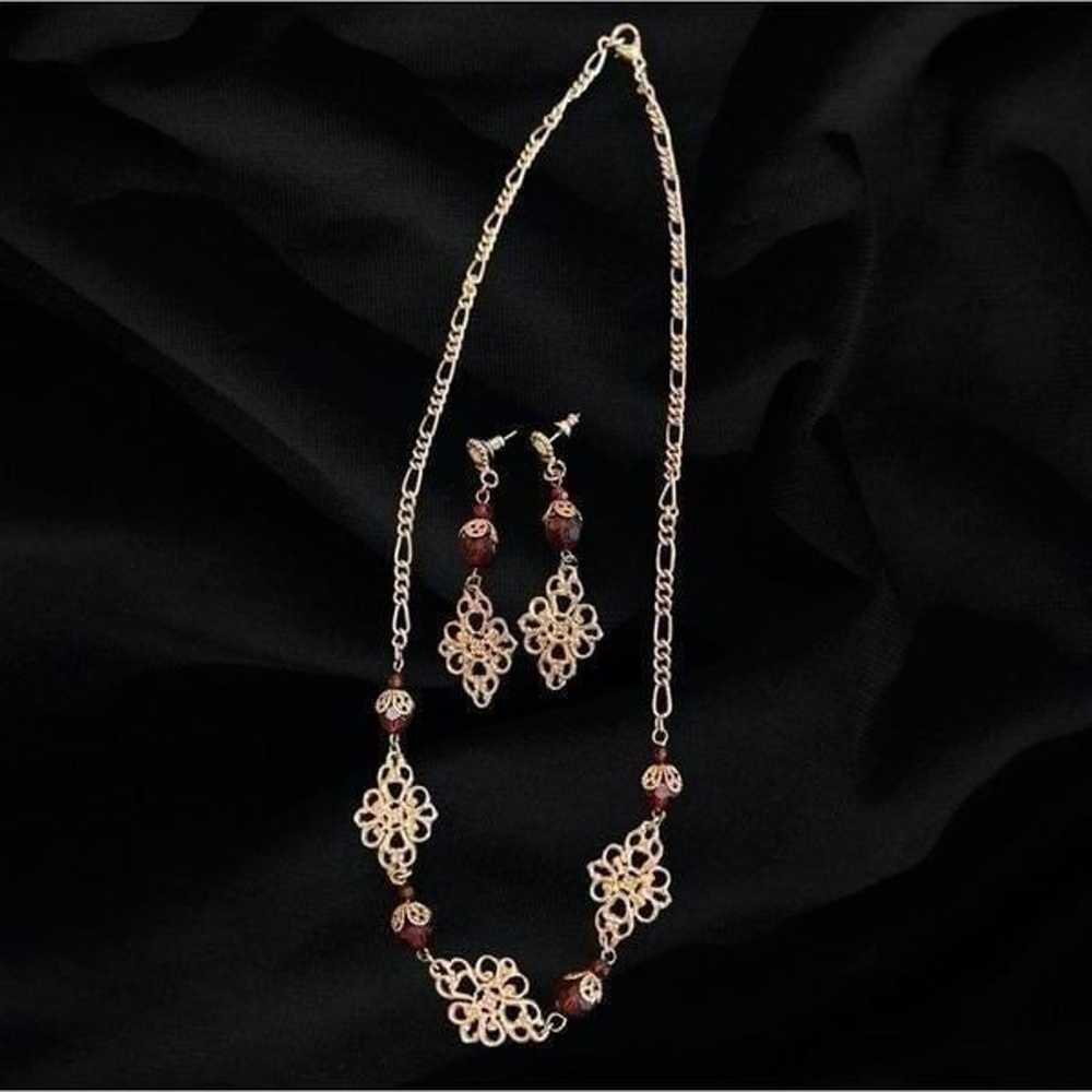 Vintage Matching Red Swarovski Crystal Dangle Earrings & Victorian Necklace Set