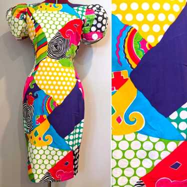 Vtg 80s Morton Myles abstract bright cotton dress 