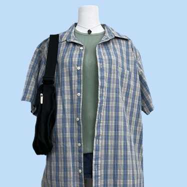 blue gingham y2k short sleeve button down