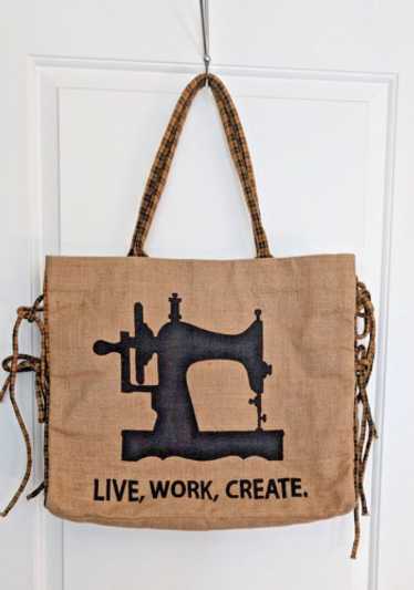 Mona B burlap tote bag jute live work create plaid