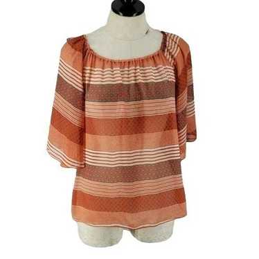 R Rouge Women's Multi Orange Striped Boho Sheer Bl