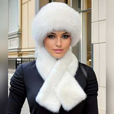 Winter White Furry Mongolian Bucket Hat Scarf Set 