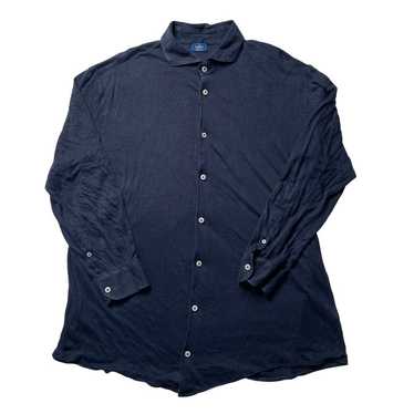 Barba Napoli Navy Blue Flax Long Sleeve Button Up 