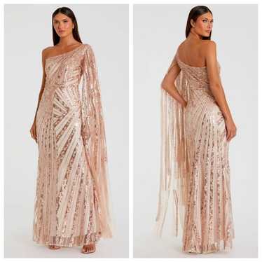 Mac Duggal Rose Gold Sequin Cape Sleeve One-Should