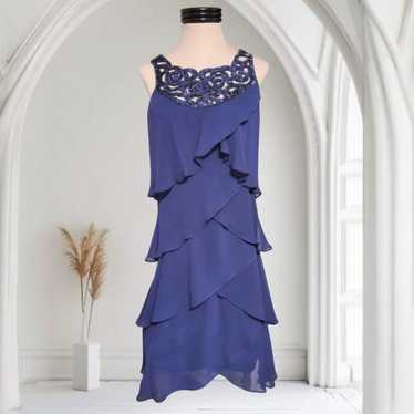 Blue Chiffon Tulip Tiered Dress with Beaded Cut Ou