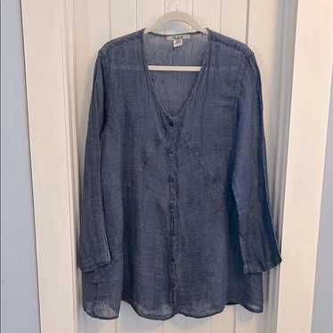 Flax V Neck Linen Button Down Long Sleeve Top Navy