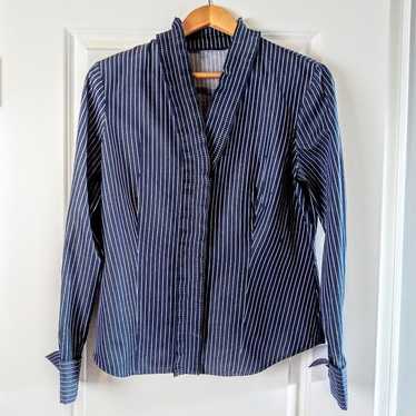 Kasper 100% Cotton Pleat Front Navy Stripe Shirt