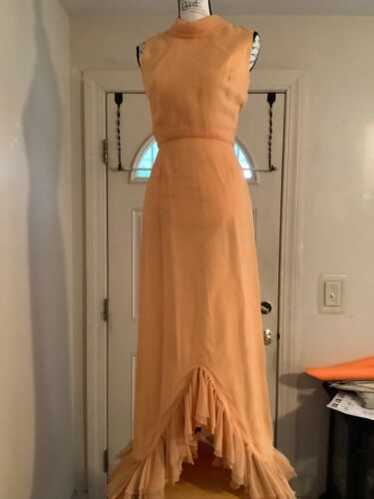 70s Vintage peach Chiffon Gown Empire Waist Sleeve