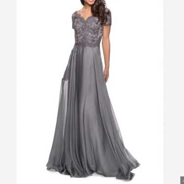 NWT La Femme Floral Embroidery Chiffon Column Gown
