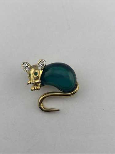 Circa 1950s Mouse Brooch with Green Glass Eyes in Sterling