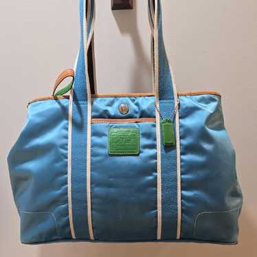 Vintage COACH Hamptons Green Blue & White Stripe Tote Bag