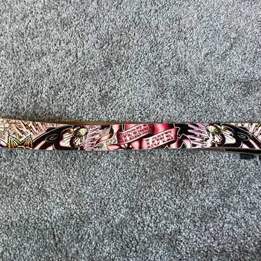 Ed Hardy XS Leather Belt Pink Rhinestones Embroidered Tattoo
