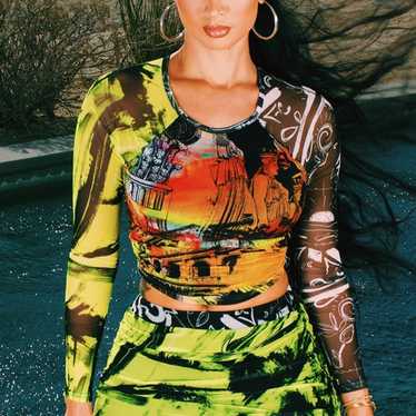 *Set* Multi Abstract Print Ruched Mesh Crop Top &… - image 1