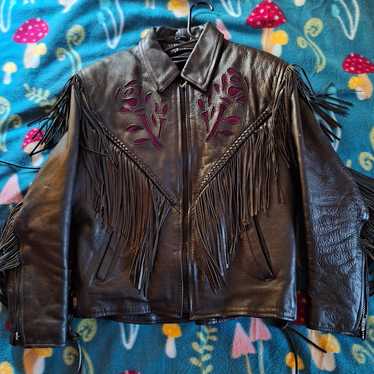 ジャケット・アウター 90s vintage rose fringe leather jacket Vintage Rose Fringe Leather Jacket Black and Purple Medium