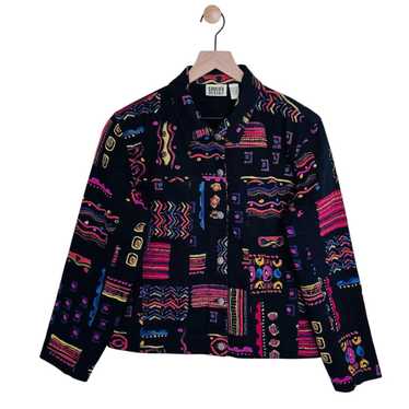 90s Vintage Denim Jacket With Geometric Leather and Metallic