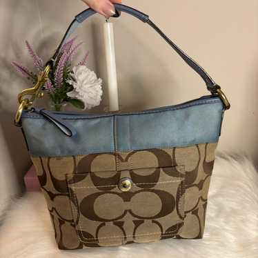 希少 Vintage Coach トートバッグ シグネチャー ブルー ブラウン コーチ 希少トートバッグ ホワイト×ブルー系 PVC シグネチャー