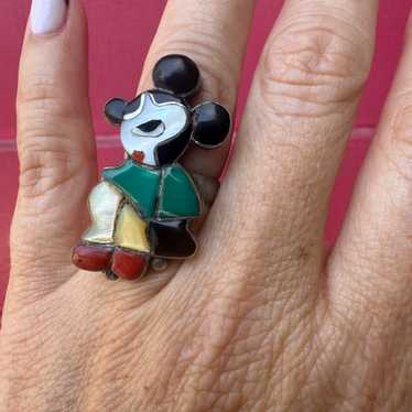 Zuni Andrea Lonjose Signed Inlay Sterling Silver Mickey