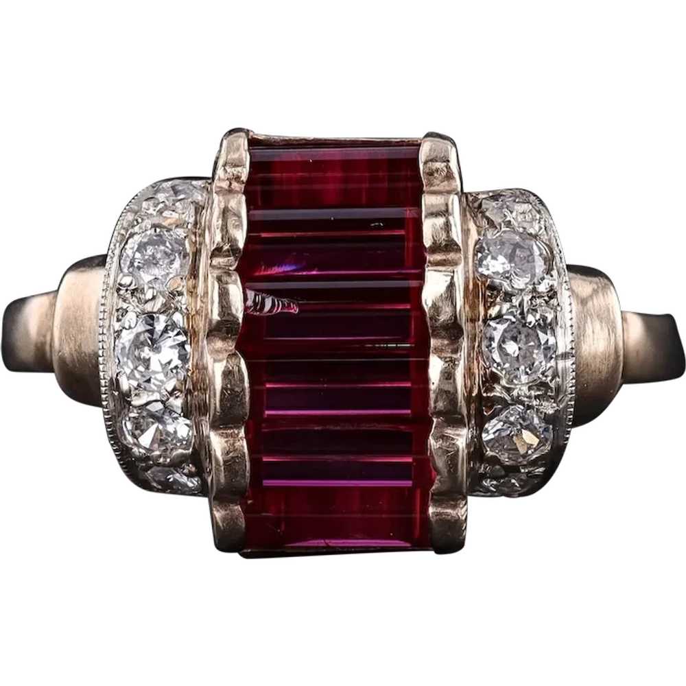 Retro Synthetic Ruby and Diamond Ring of 10k Gold - image 1