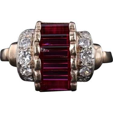 Retro Synthetic Ruby and Diamond Ring of 10k Gold - image 1