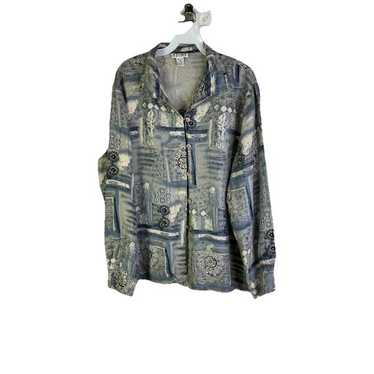 80s Womens XL Silk Geometric Print Button Shirt S… - image 1