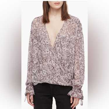 ◆ALLSAINTS◆ AllSaints Penny Cascade Top WM603Z8198 ALLSAINTS Penny V-Neck Frill Lucia Floral Top in Storm Grey